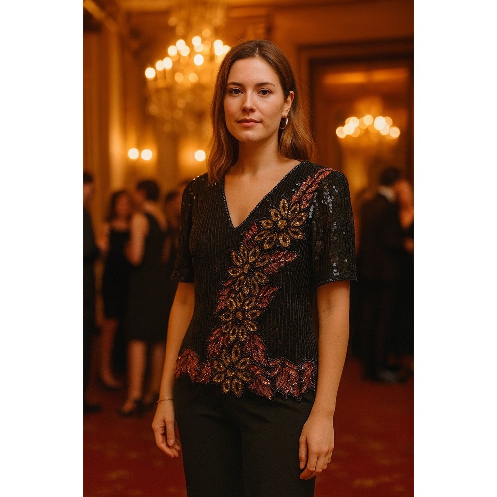 Stenay Silk Sequin Top Leaves Short‎ Sleeves Womens Size Large Black Sparkles